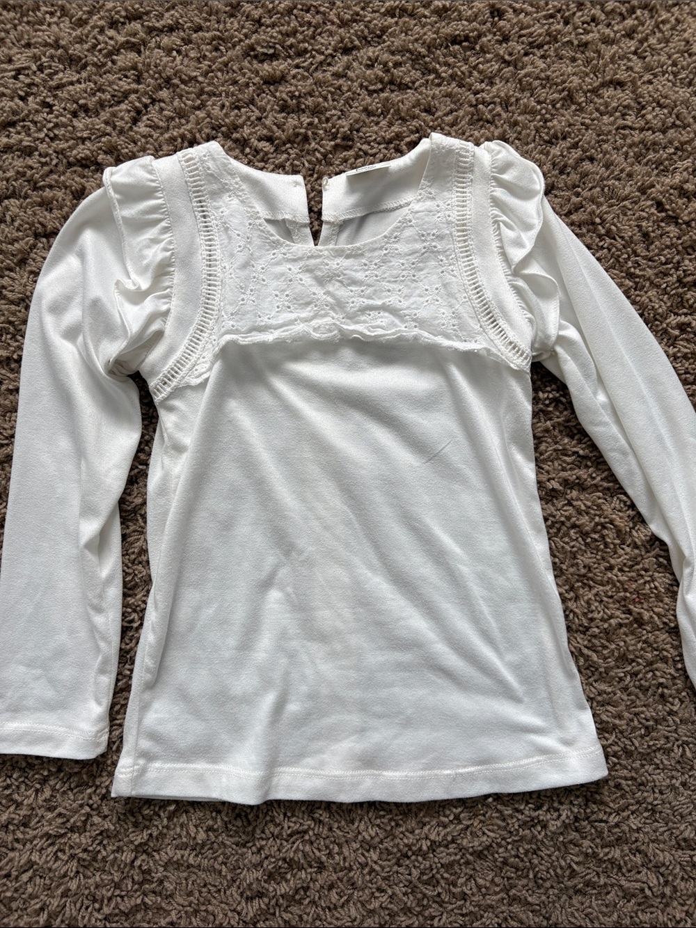 Girls' White Long-Sleeve Lace Yoke Top
